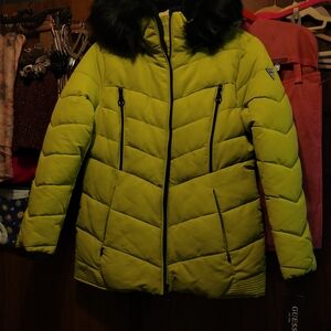 Guess Women's Lime Puffer Jacket with Faux Fur Hood